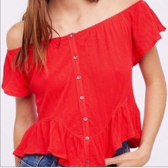 Free People Mint Julep Cherry Red Off Shoulder Top Sz S - Picture 1 of 8